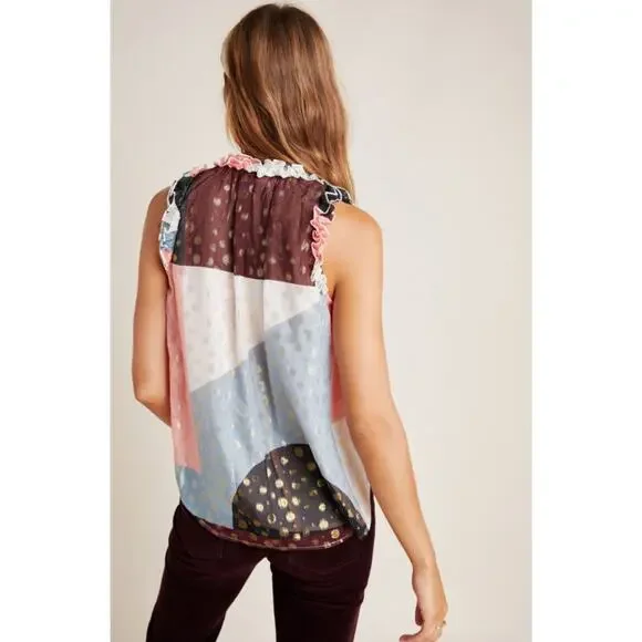 Anthropologie Fantasia Metallic Clip Dot Tank Black Sleeveless Sparkle Top 10 - Picture 2 of 7